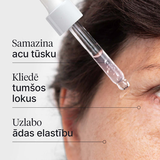 Tuvplāns sievietes acs grumbiņām, lietojot acu gelu ar kofeīnu